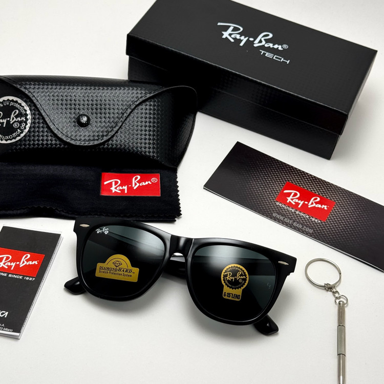 عینک آفتابی ریبن ویفرر شیشه سنگ مشکی براق به همراه پک کامل ریبن Rayban WAYFARER RB 2140 سایز 54