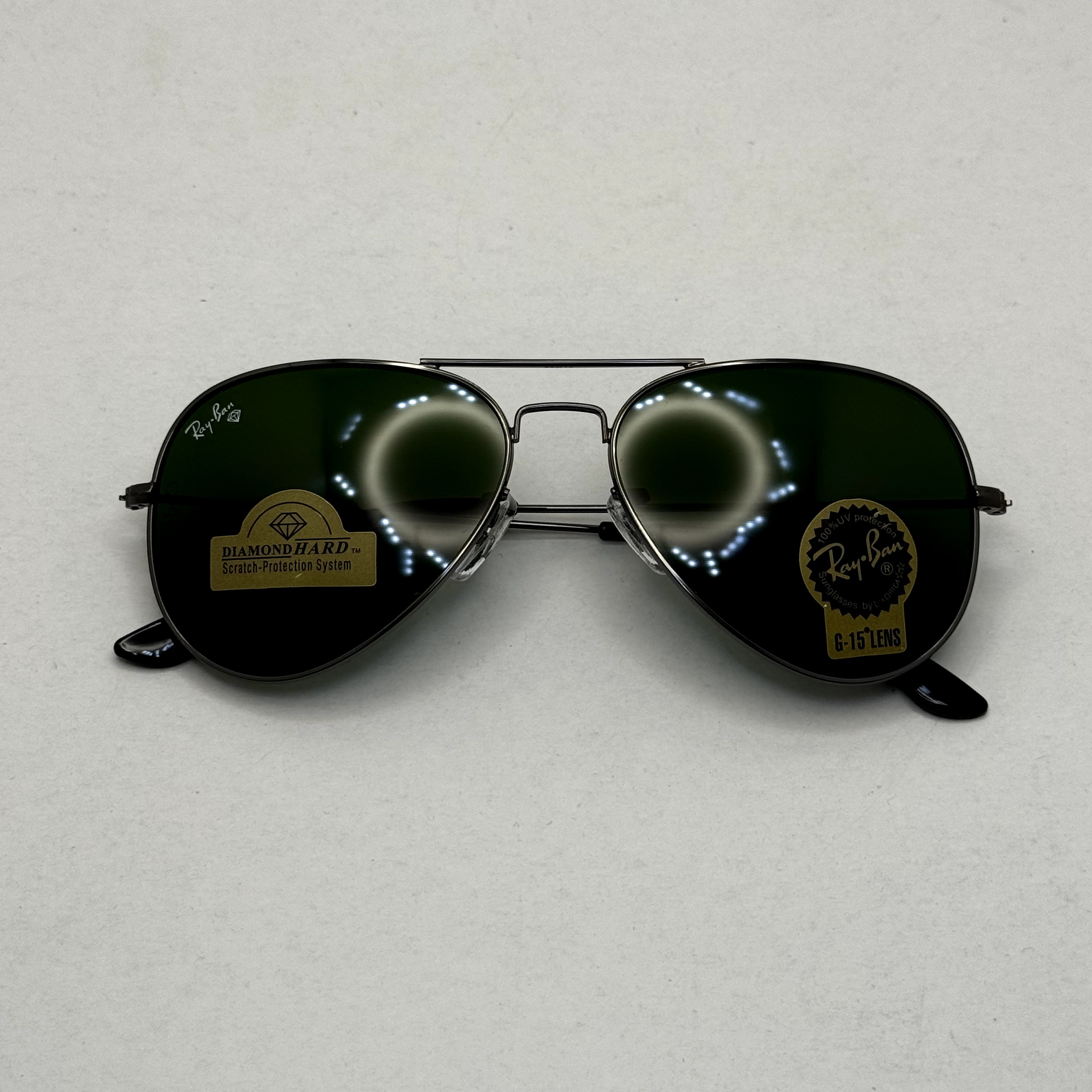 عینک ریبن خلبانی شیشه سنگ فریم نوک مدادی عدسی سبز آمریکایی آنتی رفلکس REYBAN AVIATOR RB 3025 با پک کامل