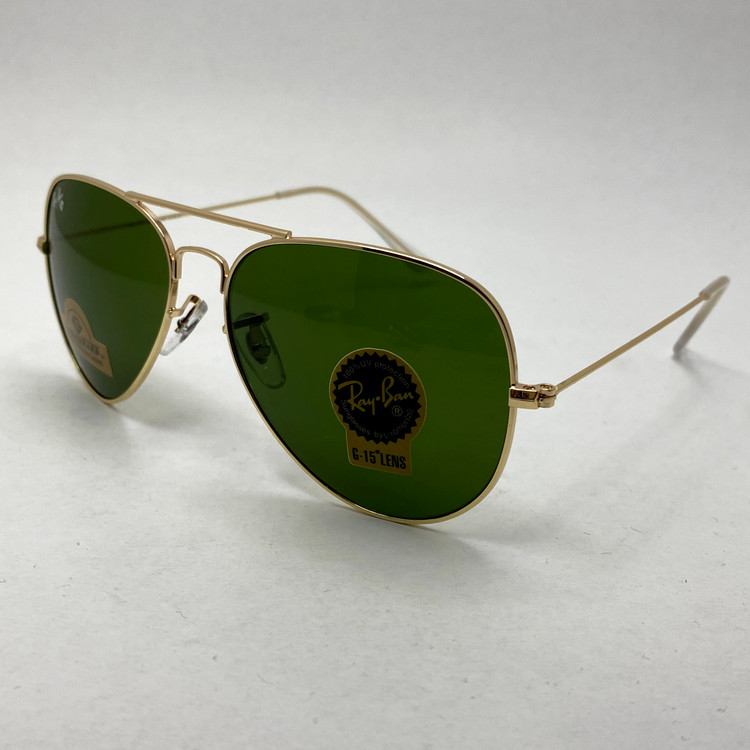 عینک آفتابی خلبانی AVIATOR ریبن rayban شیشه سنگ طلایی سبز سایز 3026 فول پک اورجینال