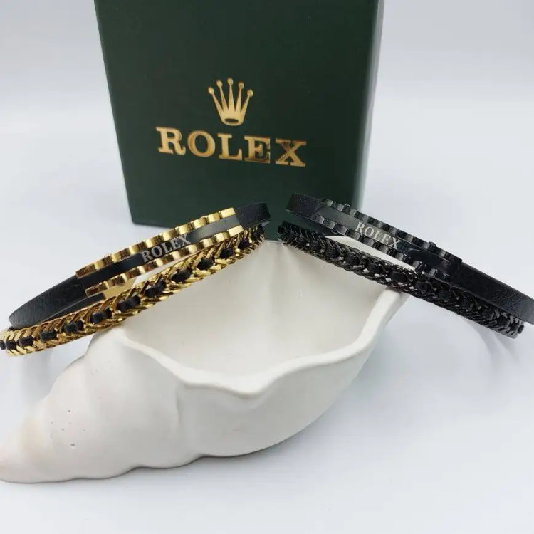 دستبند اسپرت مردانه و پسرانه چرم و پلاک استیل رولکس rolex سه لاین رنگ ثابت کد amp (پس کرایه)