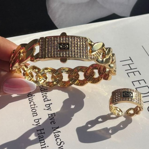 ست دستبند و انگشتر نگین دار زنانه طرح کارتیه Cartier فری سایز freesize رنگ ثابت کد sm (پس کرایه)