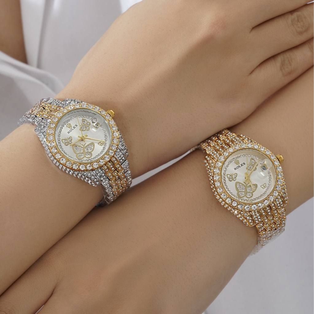 ساعت زنانه فول نگین دار پروانه ای طرح رولکس ROLEX رنگ کاملا ثابت کد sm (پس کرایه)