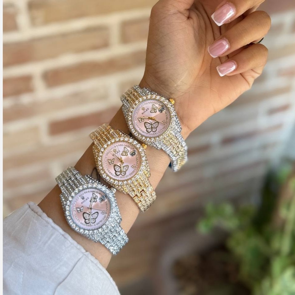 ساعت مچی دخترانه رولکس ROLEX فول نگین پروانه تاریخ دار تنوع رنگ رنگ ثابت کد sm (پس کرایه)