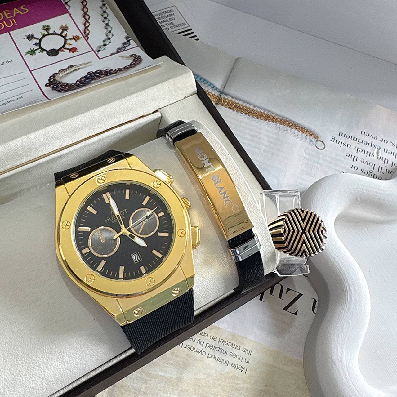 ست ساعت مردانه با دستبند چرم و انگشتر ساعت مارک HUBLOT