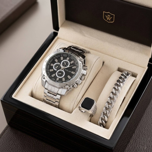 ست مردانه لوکس ساعت والار Walar و دستبند وانگشتر صفحه مشکی ارسال رایگان