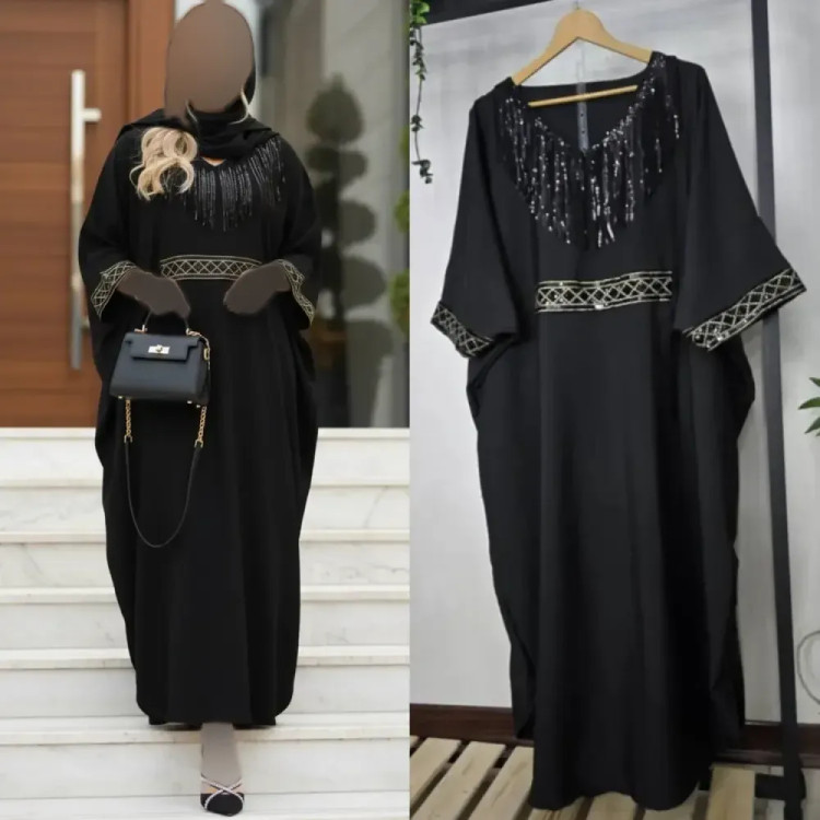عبا مجلسی زنانه مدل ریسه پولکدوزی جنس الیزه مشکی فری سایز 38 تا 54