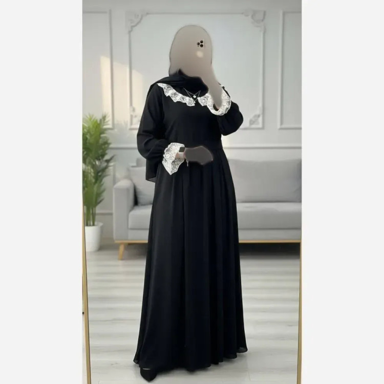 عبا زنانه یقه گیپور جنس الیزه مشکی فری سایز