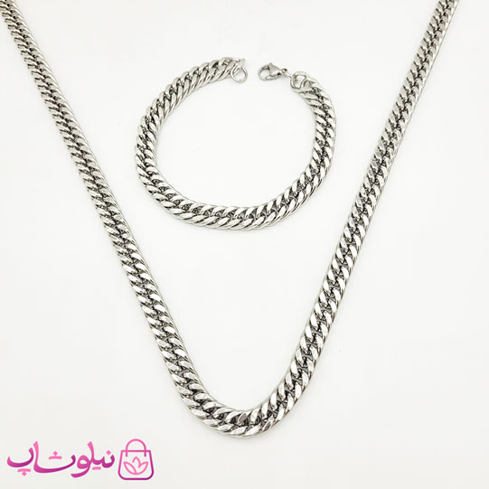 ست گردنبند و دستبند مردانه استیل سیلور کارتیه 8 میل کد 800