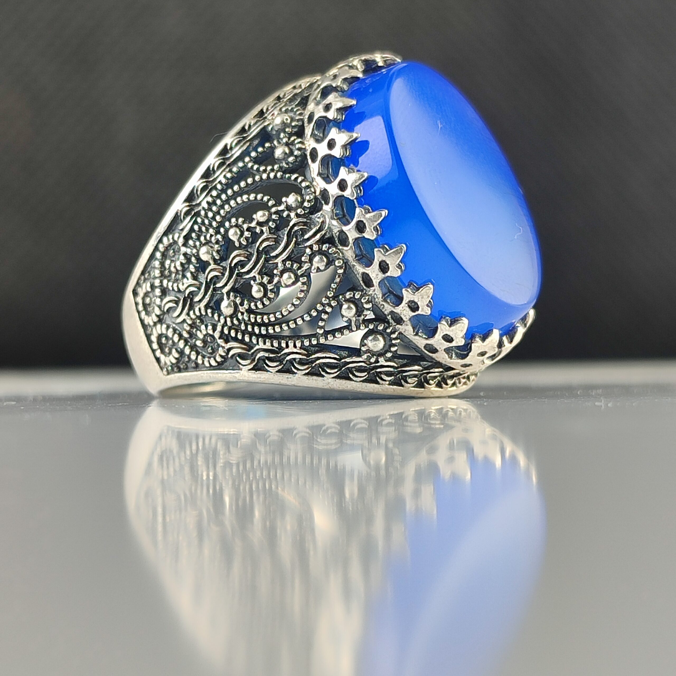 انگشتر نقره باسنگ عقیق آبی رنگ استثنایی رکاب پرکار کد 2827