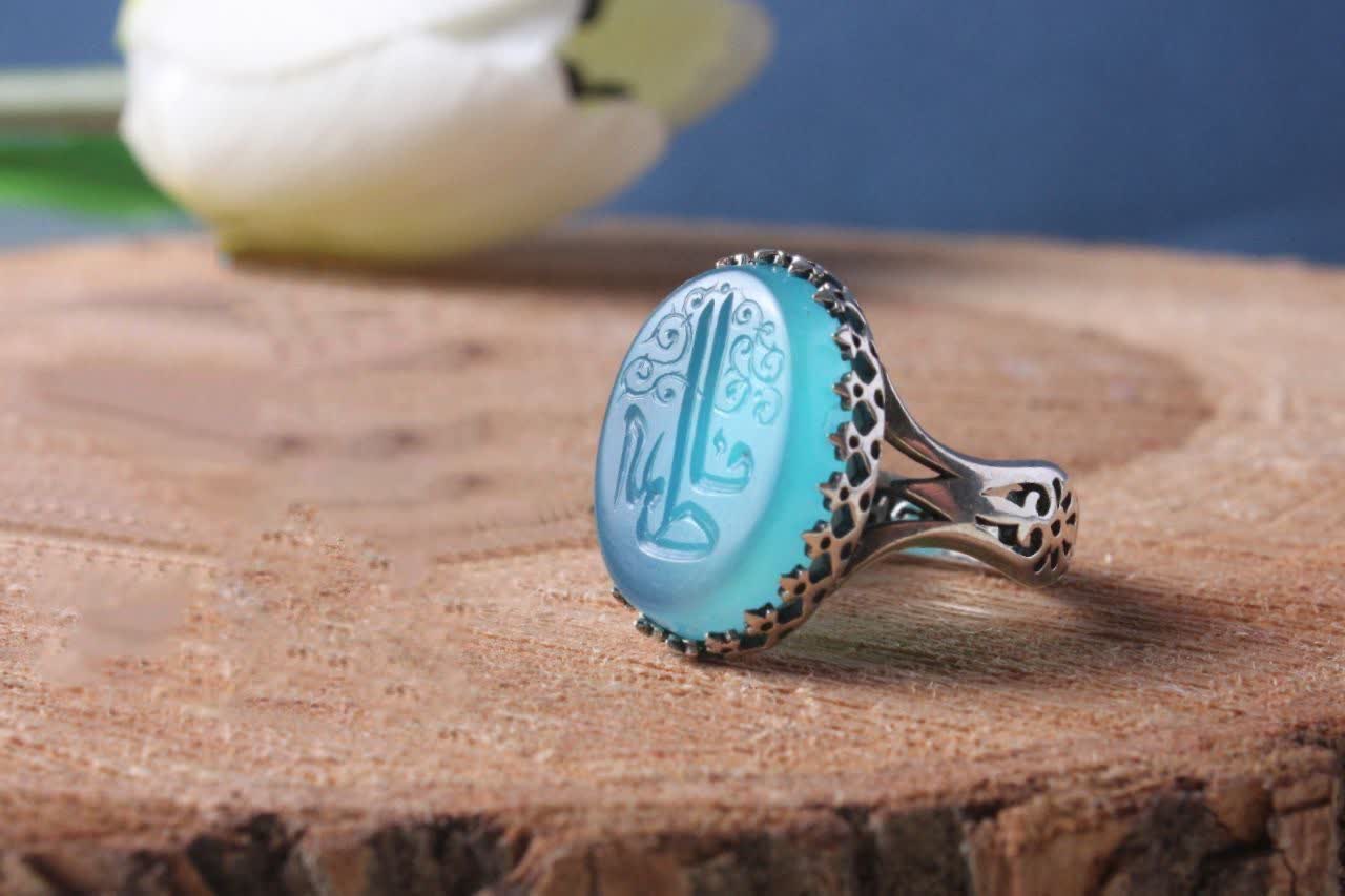 انگشتر عقیق آبی مردانه "ارادت فاطمی" – متبرک به نام "یا فاطمه الزهرا (س)"  کد 4243